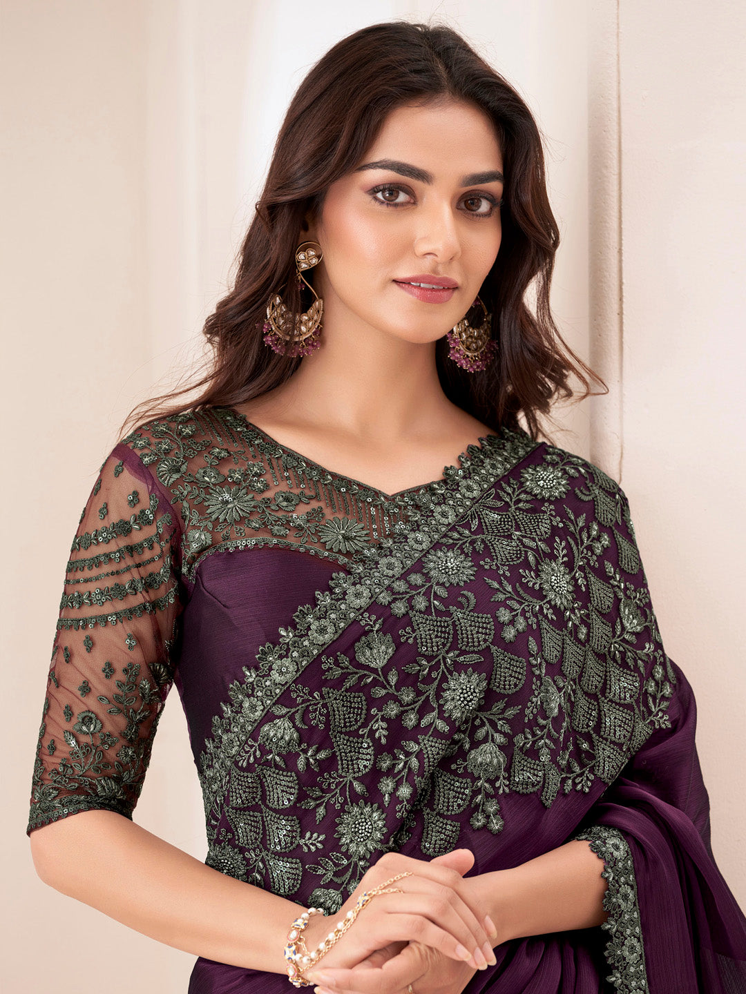 NOZ2TOZ Women's Pure Chiffon Magenta Embellished Designer Saree With Blouse Piece - Distacart