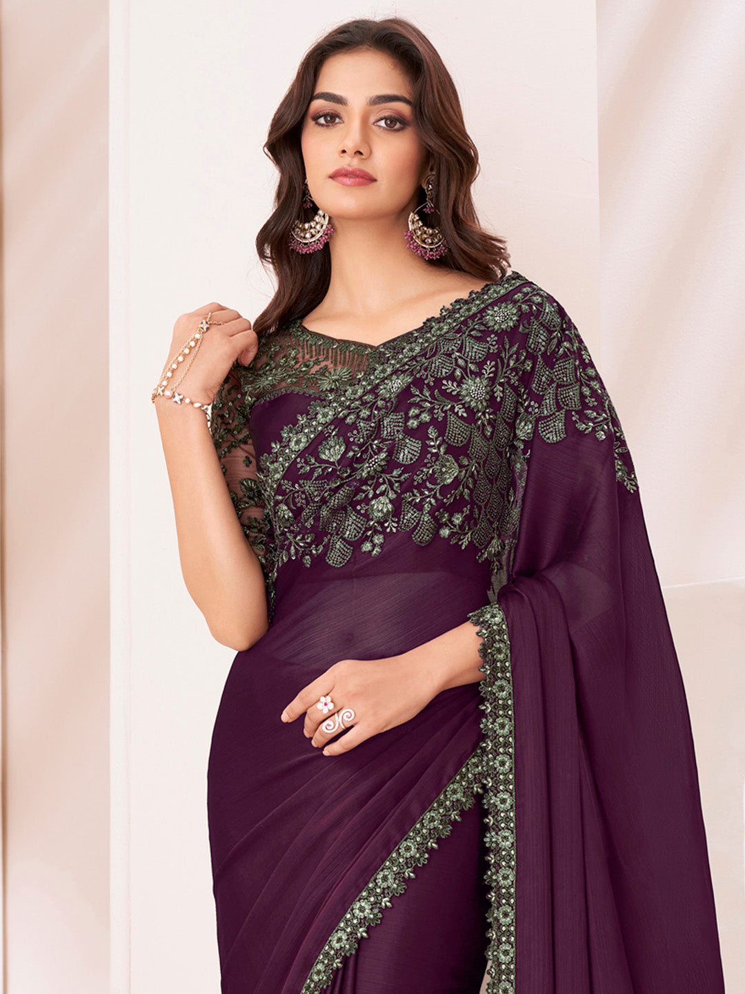 NOZ2TOZ Women's Pure Chiffon Magenta Embellished Designer Saree With Blouse Piece - Distacart