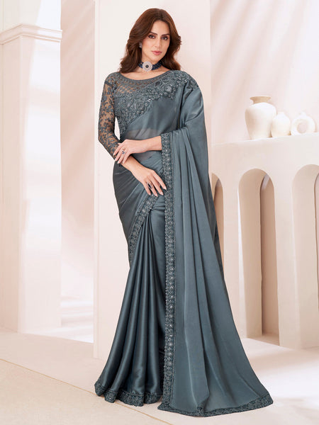 NOZ2TOZ Women's Pure Georgette Grey Embellished Designer Saree With Blouse Piece - Distacart