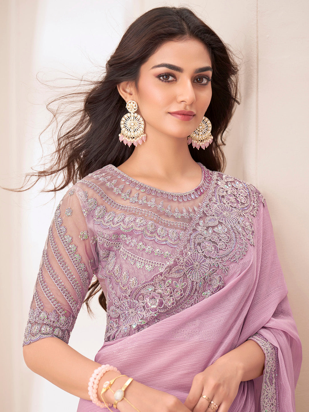 NOZ2TOZ Women's Pure Chiffon Pink Embellished Designer Saree With Blouse Piece - Distacart