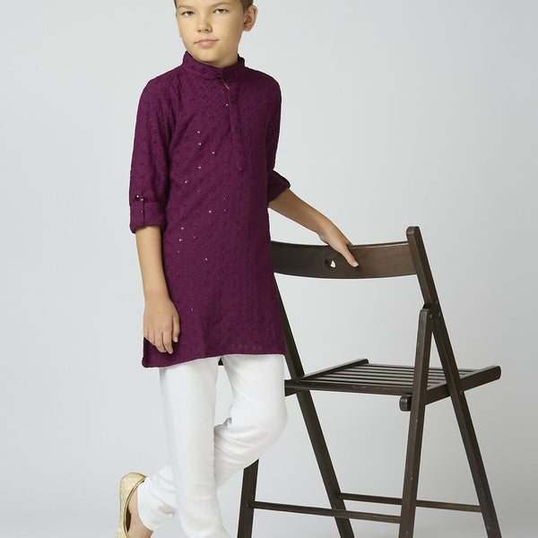 Joban Fashion Kids Island Full Sleeves Cotton Kurta, Pyjama Set with Sequin work - Wine - Distacart