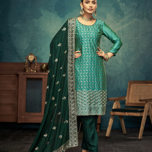 Anaita Light Green Premium Embroidered with servos waki diamond Vichitra Silk Stitched Salwar Suit - Distacart