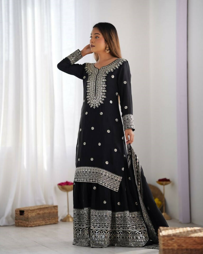 Teeya Creation Black Colour Chinnon Silk Heavy Embroidery Work Fully Stitched Salwar Suit