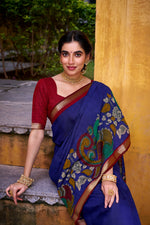 Thumbnail for Vastranavya Blue Viscose Chanderi Kalamkari Print with Zari Working Saree & Unstitched Blouse - Distacart