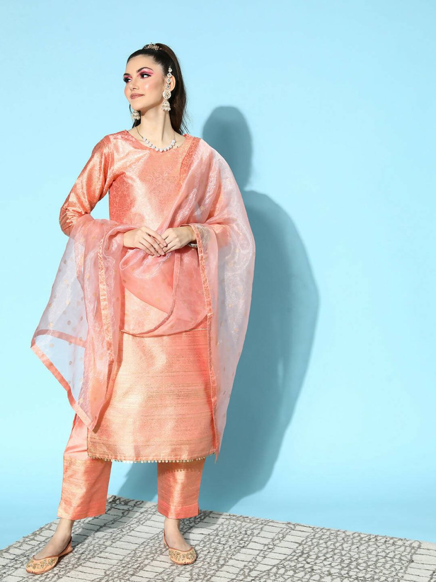 Ahalyaa Women's Peach Colour Poly Silk Printed Kurta Pant Set With Dupatta - Distacart