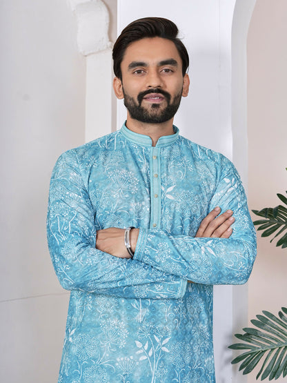 Anaita Sky Blue Digital Printed Work Cotton Straight Kurta - Distacart