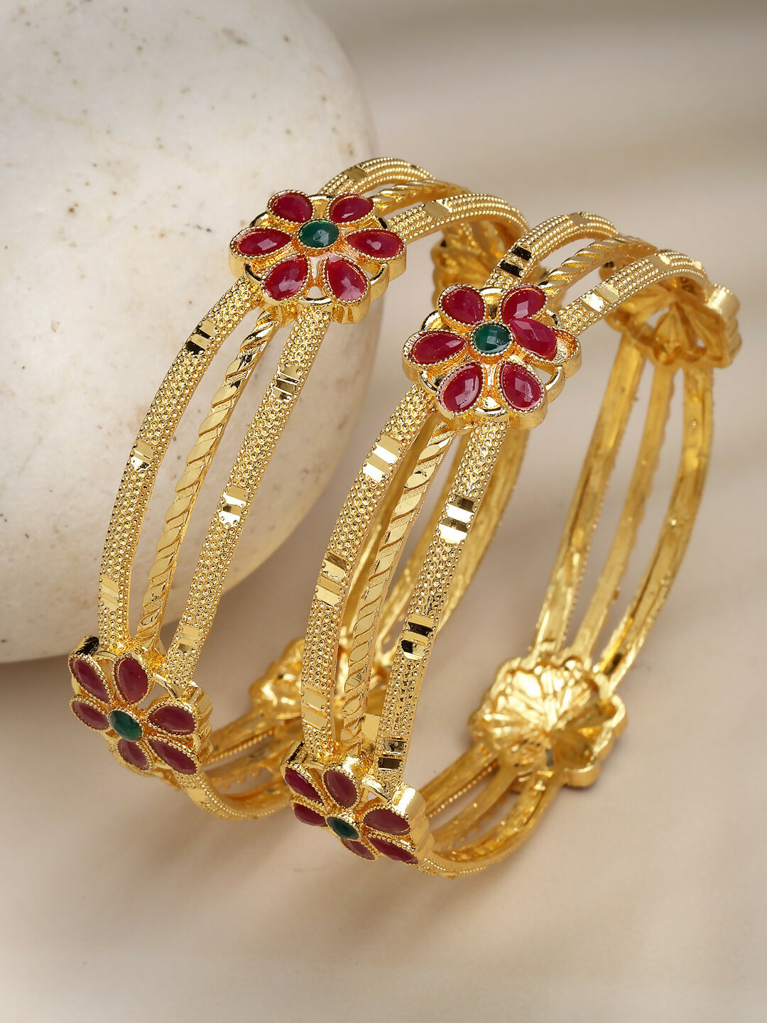 NVR Women's Set of 2 Gold-Plated Artificial Stones Handcrafted Traditional Bangles - Distacart