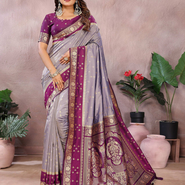 Aastha Fashion Grey Kalamkari Silk Zari Woven Saree - Distacart