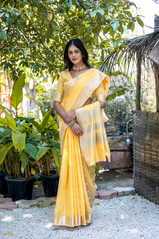 Vishnu Weaves Women's Yellow Pure Cotton Zari Woven Saree with Blouse - Distacart