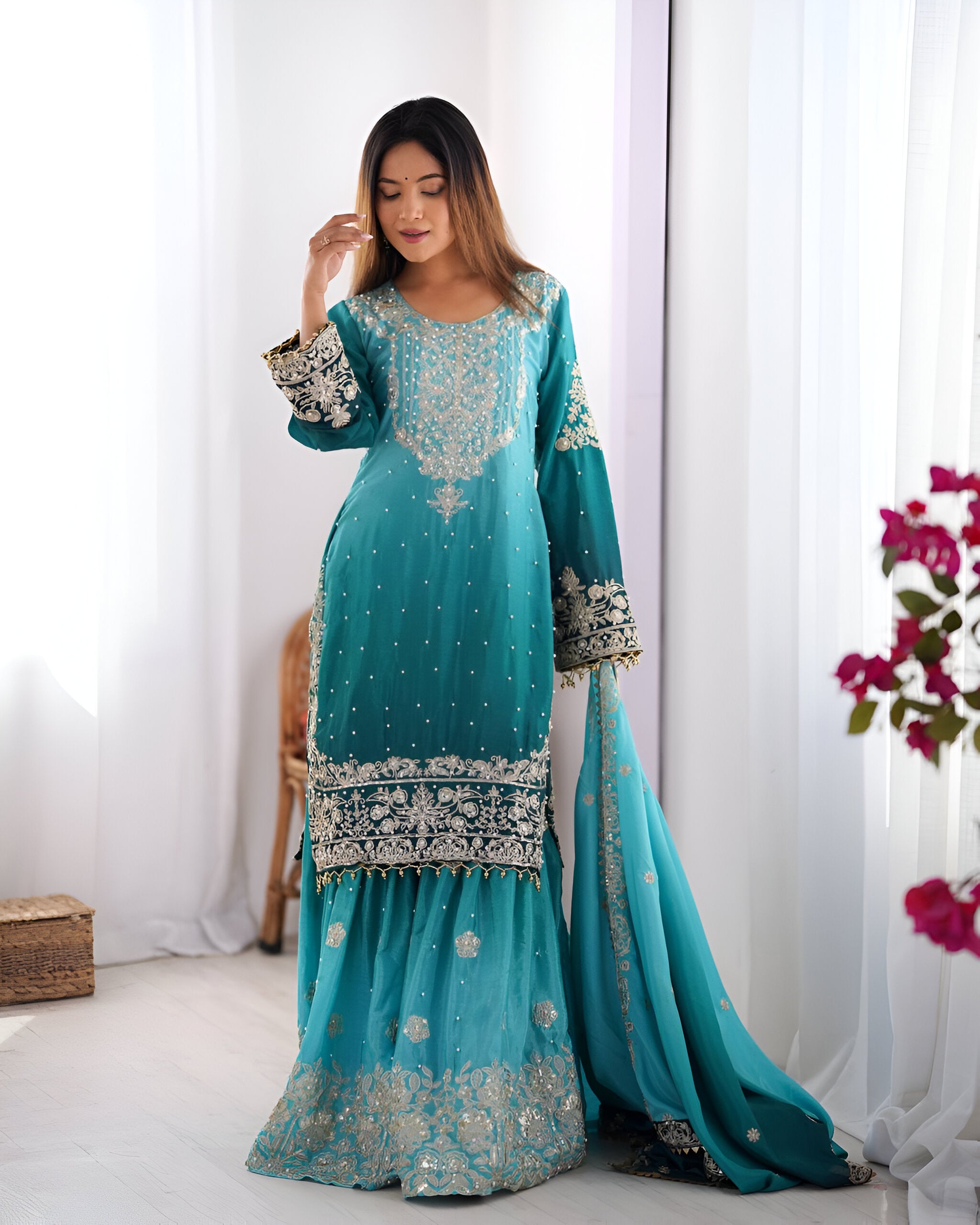 Lehenga Mart Designer Wedding Wear Palazzo Suit For Women - Sky Blue - Distacart