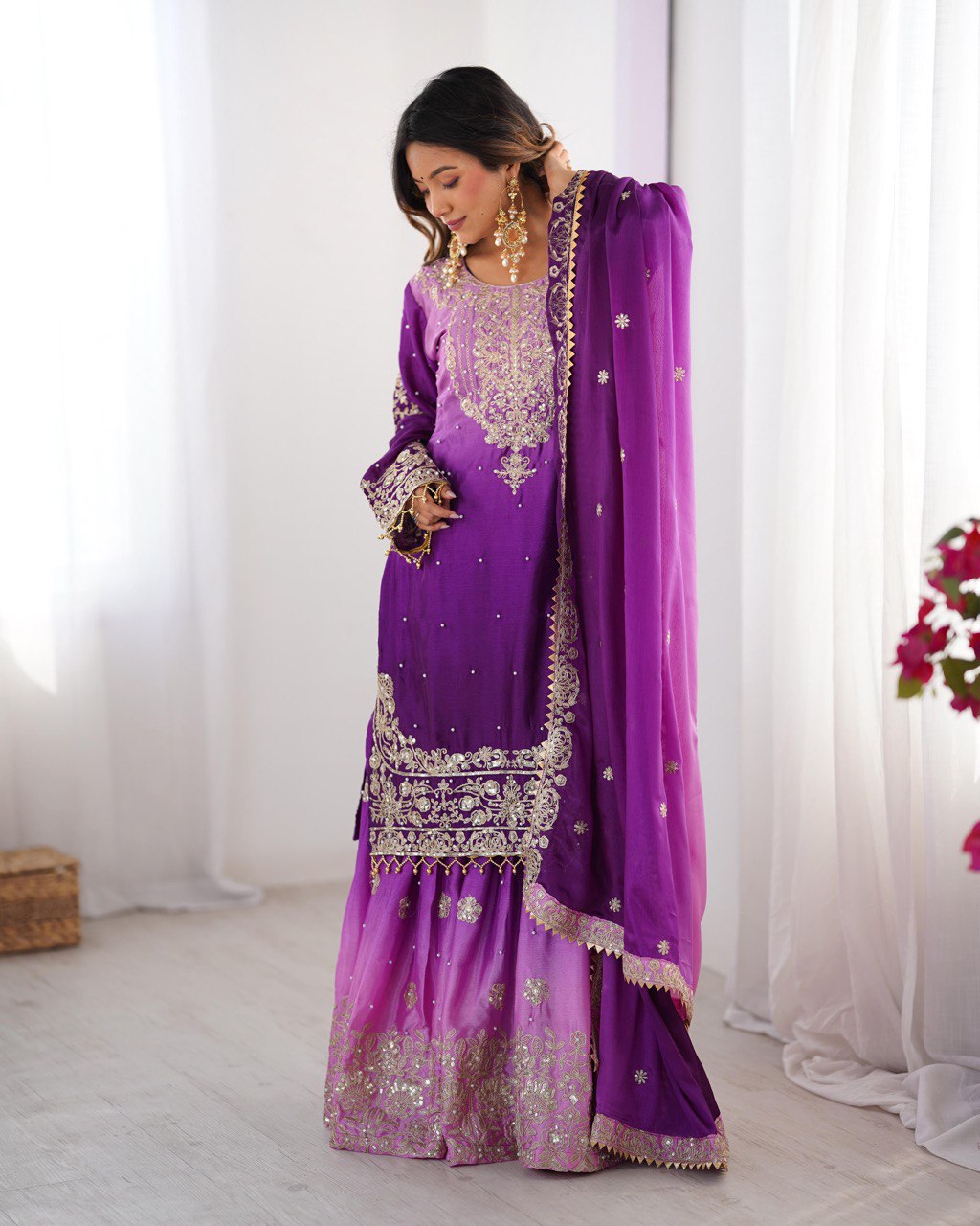 Prazu Fashion Lavender Chinon Silk Sequence With Rivet Moti Palazzo Suit