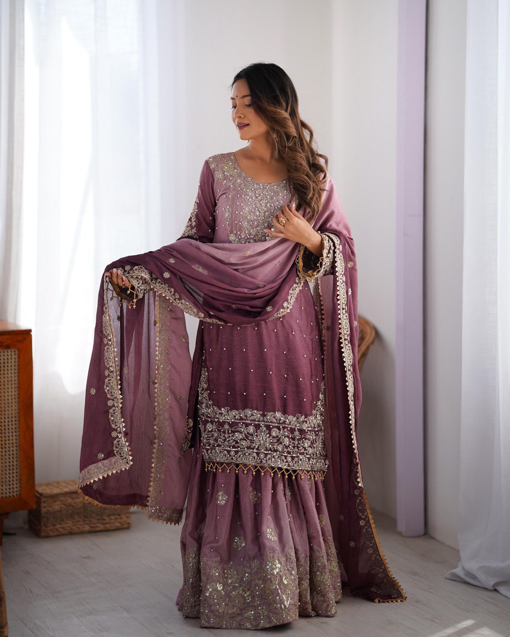 Prazu Fashion Onion Pink Chinon Silk Sequence With Rivet Moti Palazzo Suit - Distacart