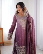 Thumbnail for Prazu Fashion Onion Pink Chinon Silk Sequence With Rivet Moti Palazzo Suit - Distacart