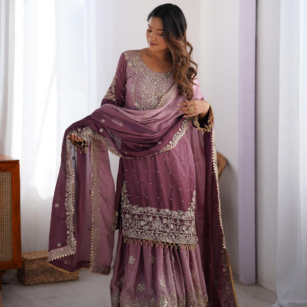 Prazu Fashion Onion Pink Chinon Silk Sequence With Rivet Moti Palazzo Suit - Distacart