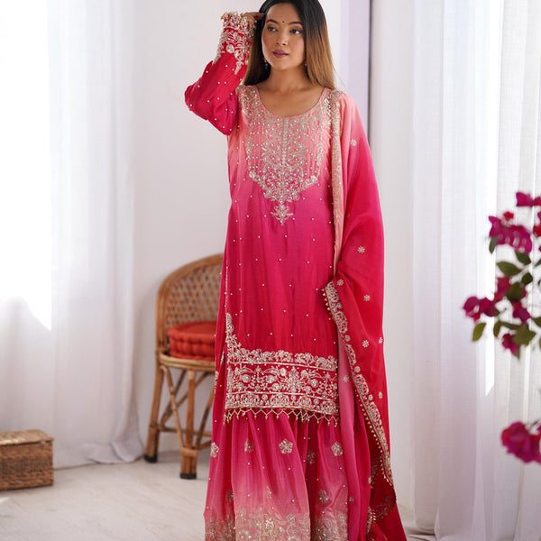 Prazu Fashion Pink Chinon Silk Sequence With Rivet Moti Palazzo Suit - Distacart