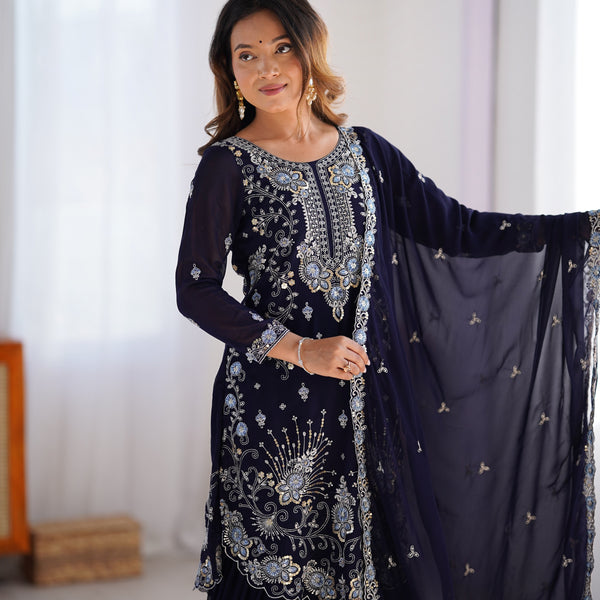 Lehenga Mart Navy Blue Faux Georgette Gorgeous Sharara Suit For Wedding Wear
