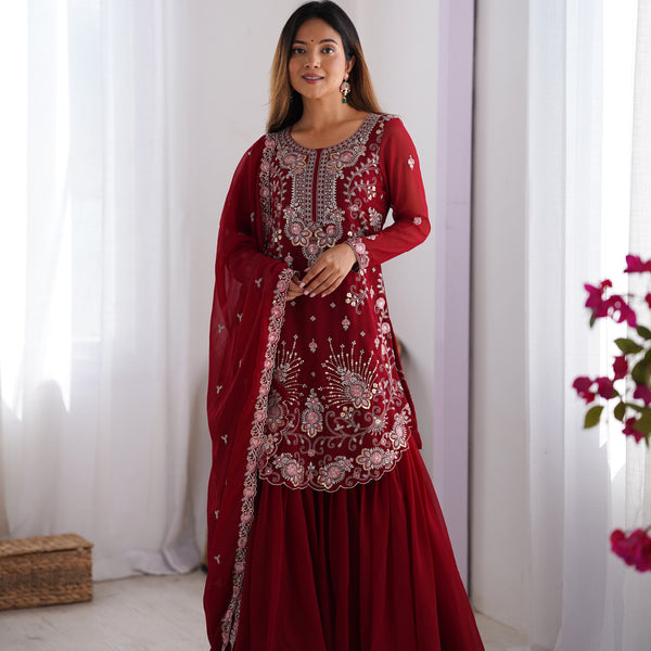 Lehenga Mart Red Faux Georgette Gorgeous Sharara Suit For Wedding Wear