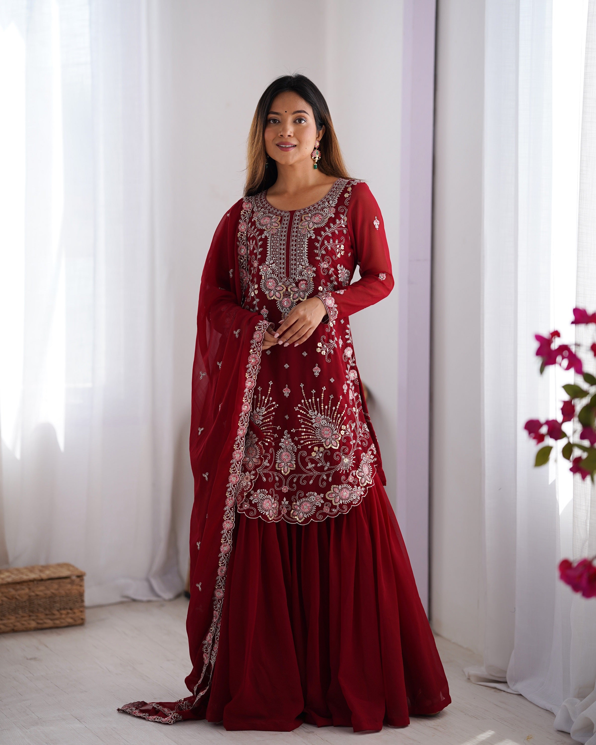 Lehenga Mart Red Faux Georgette Gorgeous Sharara Suit For Wedding Wear - Distacart