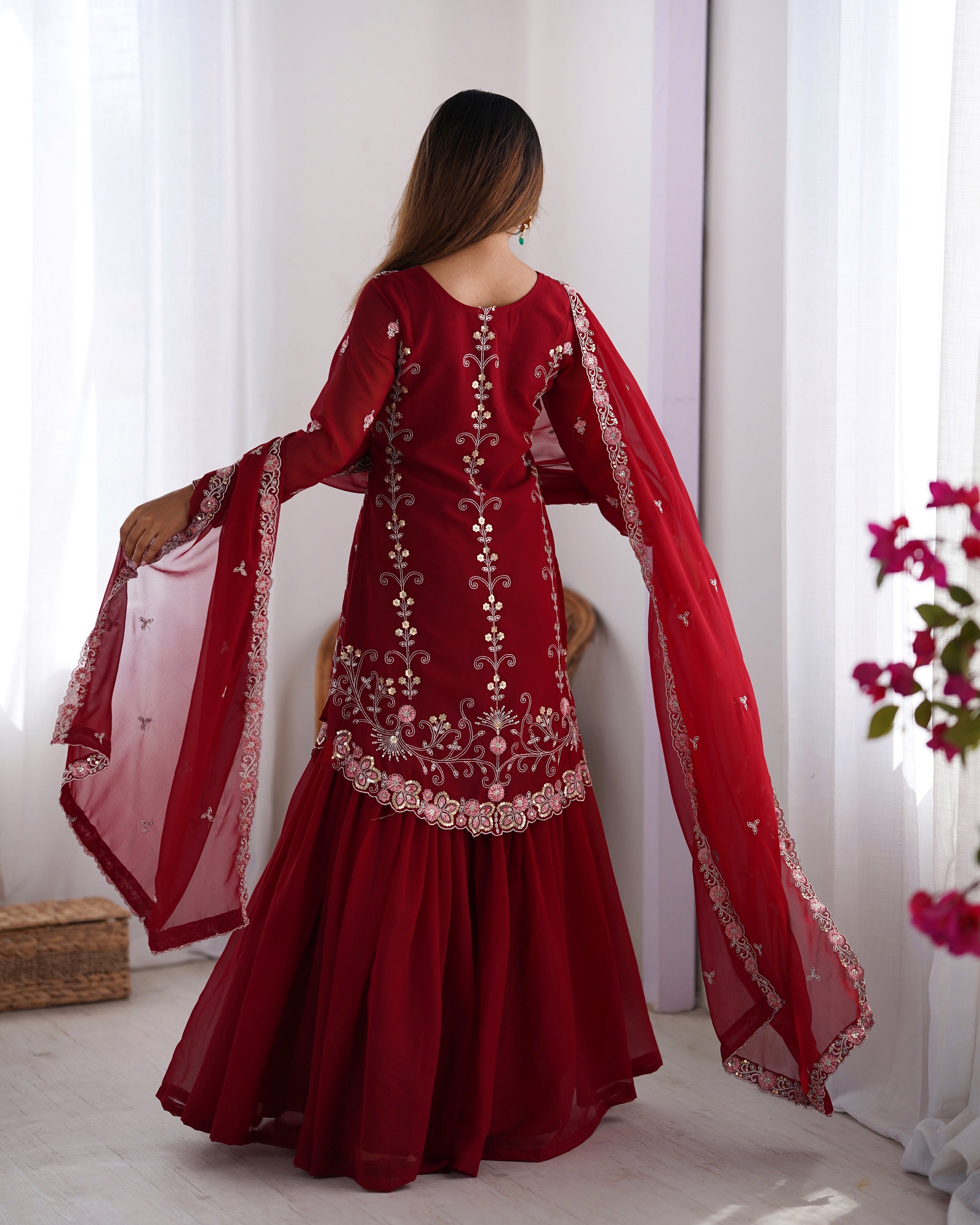 Lehenga Mart Red Faux Georgette Gorgeous Sharara Suit For Wedding Wear