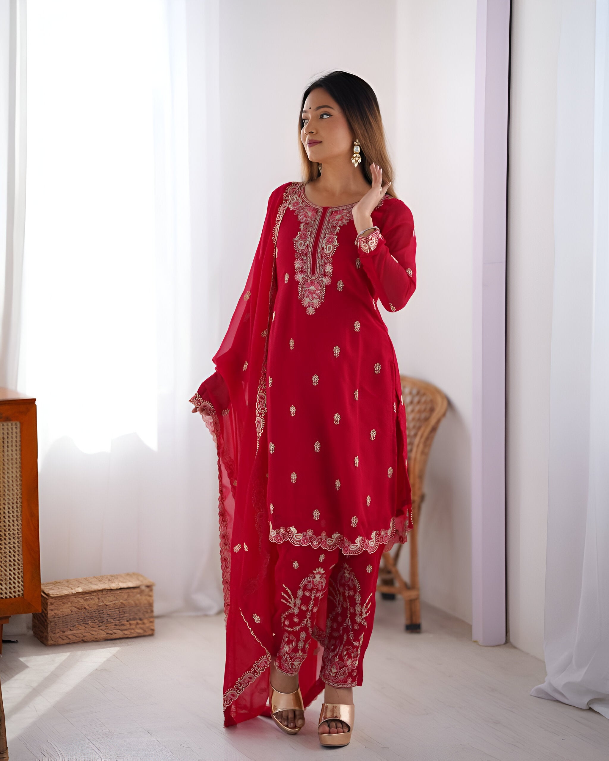 Lehenga Mart Designer Kurta Pant Dupatta - pink - Distacart