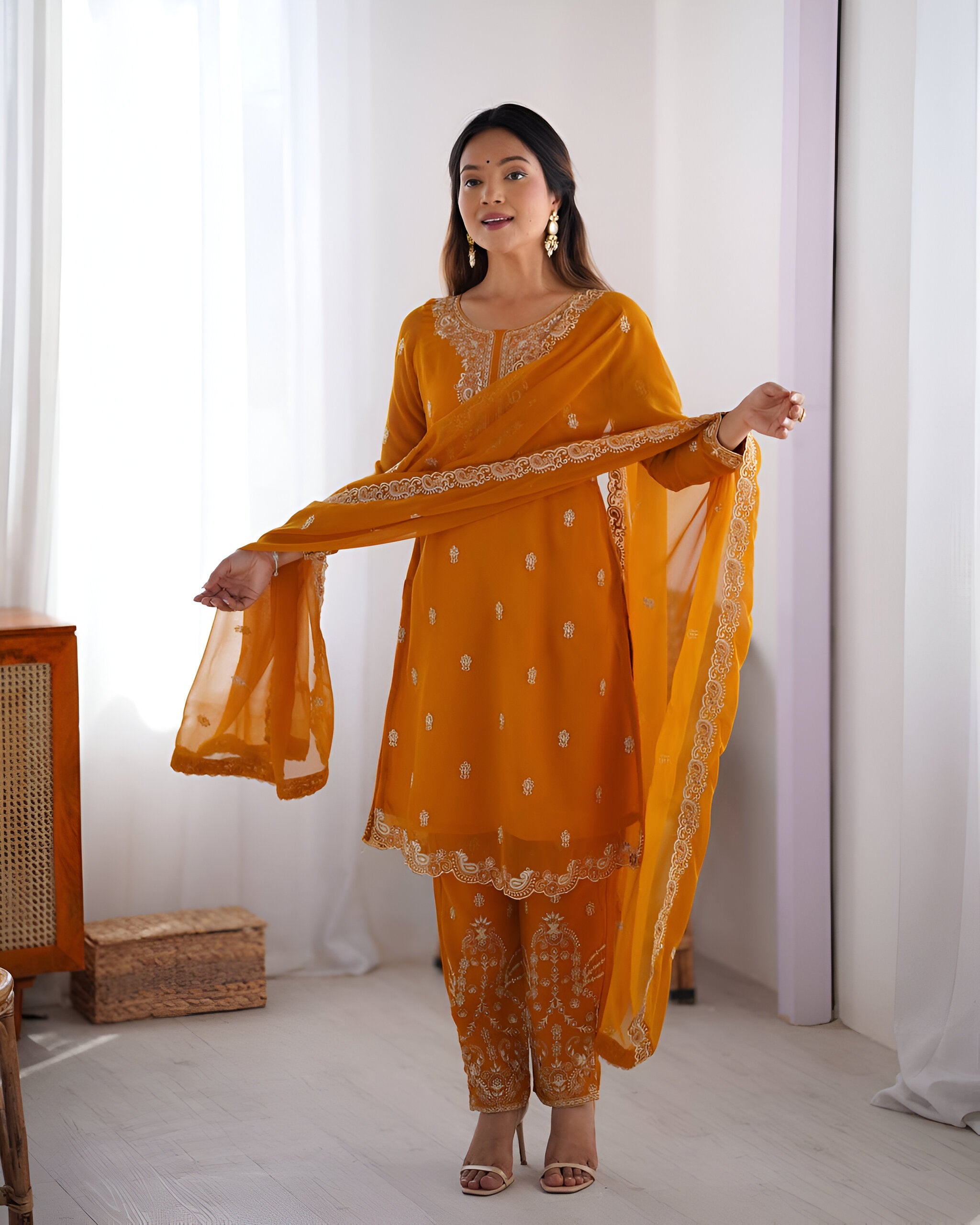 Lehenga Mart Designer Kurta Pant Dupatta - Mustard - Distacart