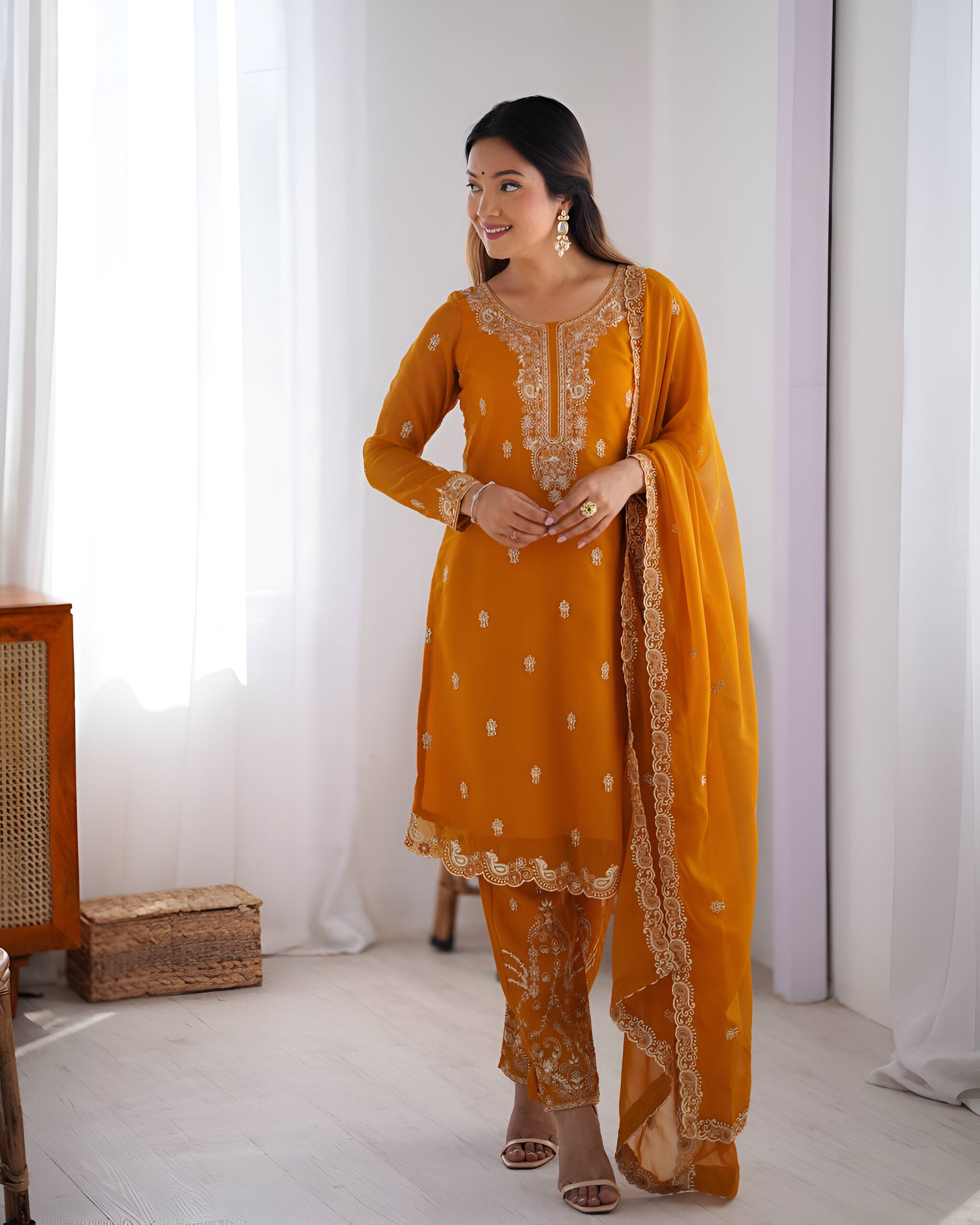 Lehenga Mart Designer Kurta Pant Dupatta - Mustard - Distacart