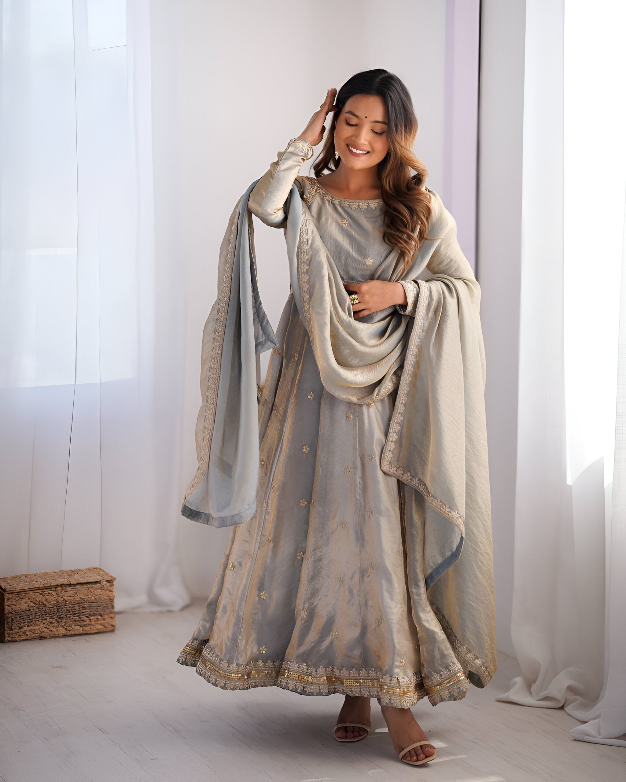 Lehenga Mart Wedding Wear Anarkali Gown With Dupatta - Grey - Distacart
