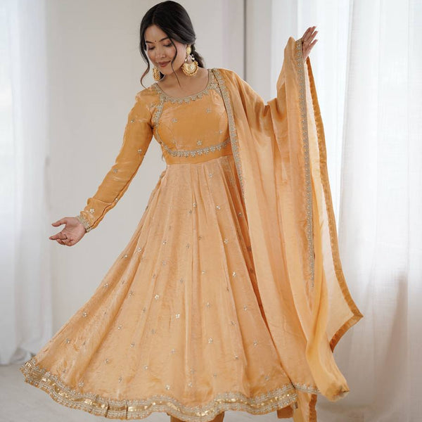 Prazu Fashion Light Golden Fandy Silk Coding With Sequence Work Wedding Wear Anarkali Suit - Distacart