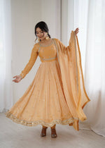 Thumbnail for Prazu Fashion Light Golden Fandy Silk Coding With Sequence Work Wedding Wear Anarkali Suit - Distacart