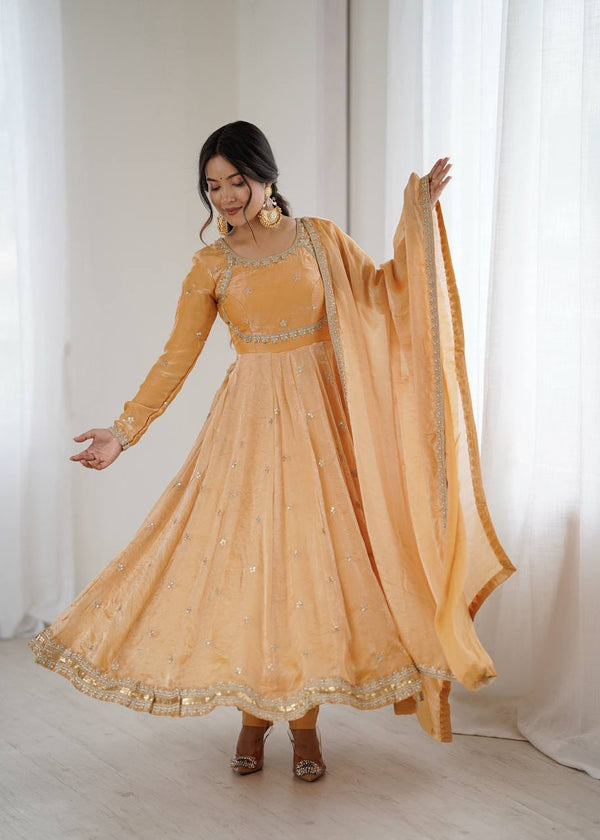 Buy Prazu Fashion Light Golden Fandy Silk Coding With Sequence Work Wedding Wear Anarkali Suit Online at Low Prices - Indian Store Buy Prazu Fashion Light Golden Fandy Silk Coding With Sequence Work Wedding Wear Anarkali Suit Online at Low Prices - Indian Store