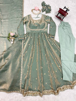 Thumbnail for Prazu Fashion Olive Green Fandy Silk Coding With Sequence Work Wedding Wear Anarkali Suit - Distacart