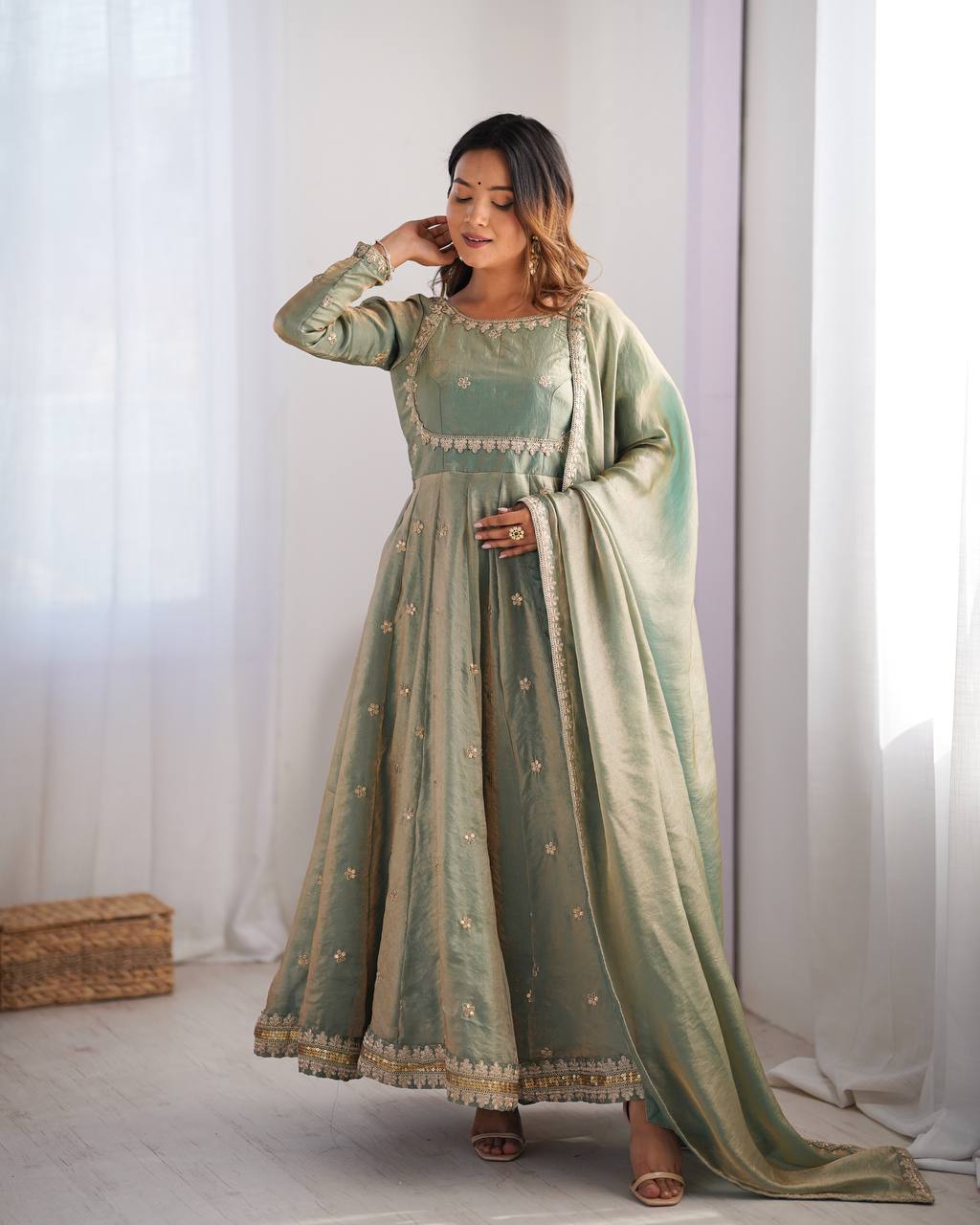 Prazu Fashion Olive Green Fandy Silk Coding With Sequence Work Wedding Wear Anarkali Suit