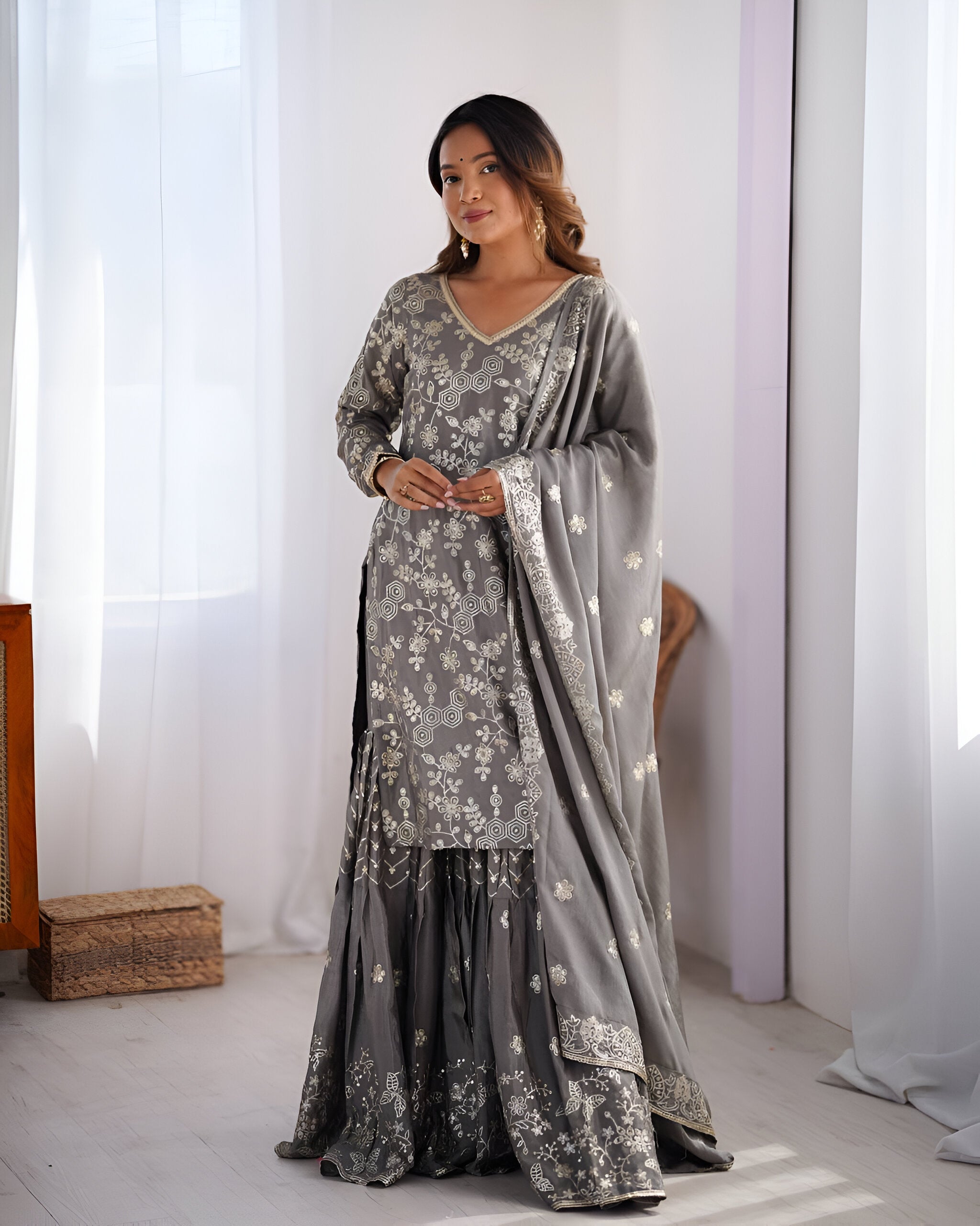 Lehenga Mart Designer Wedding Wear Sharara Suit for Women - Grey - Distacart