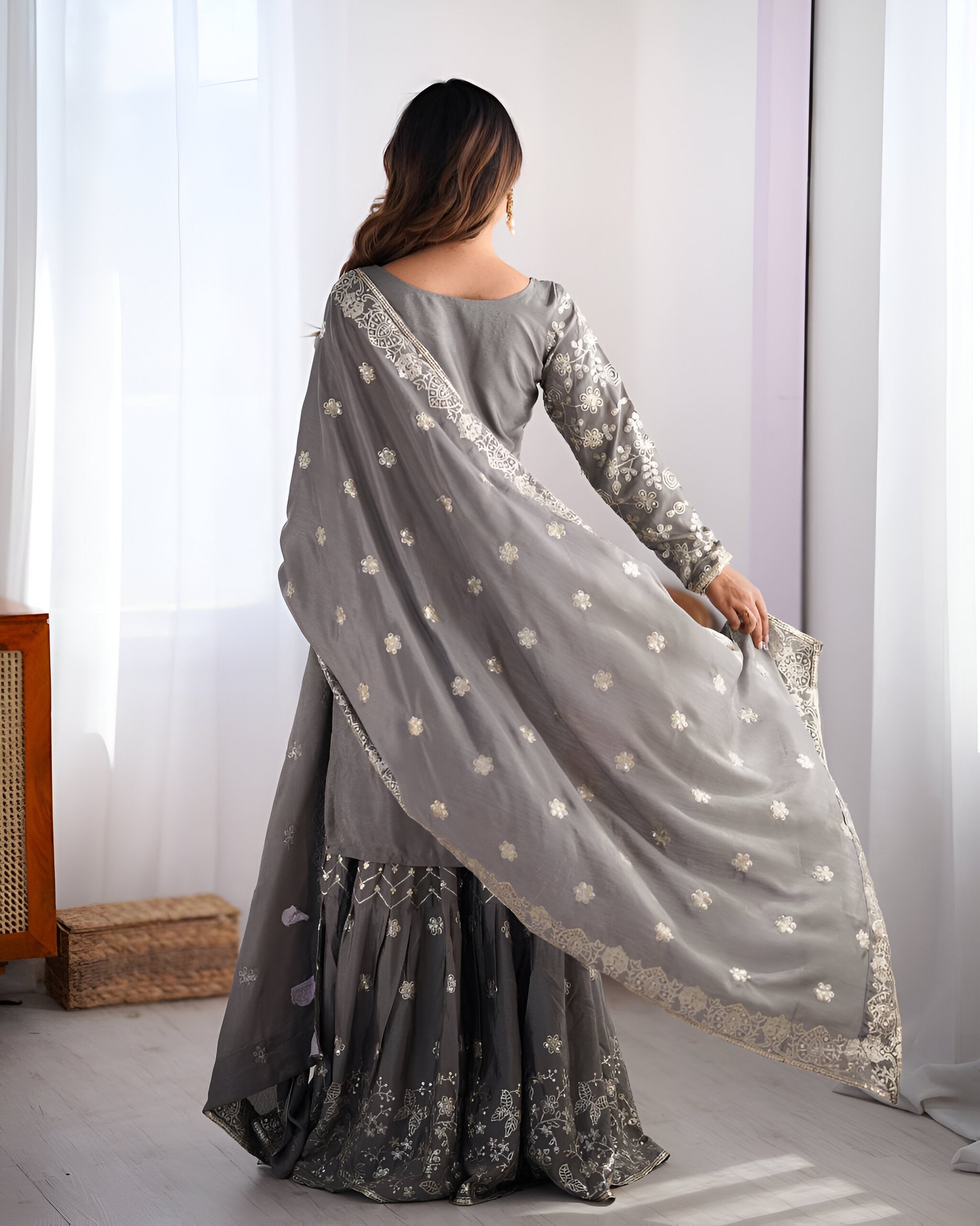 grey sharara dress Grey Cotton Sharara Suit With Dupatta