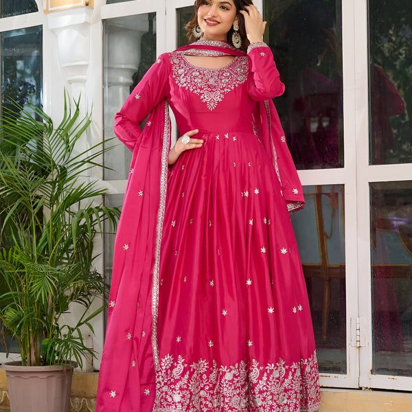 Lehenga Mart Wedding Wear Anarkali Gown With Dupatta - pink - Distacart