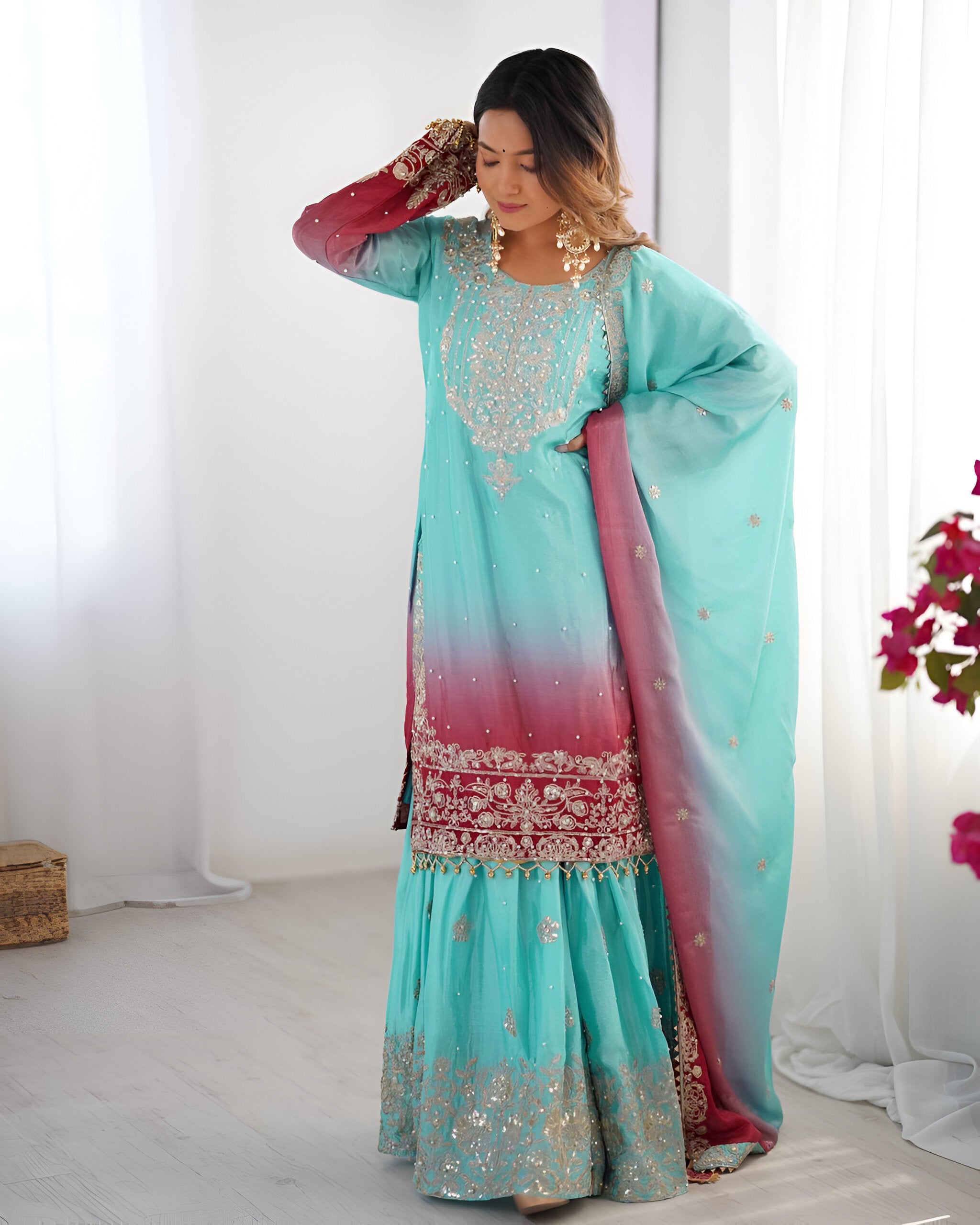 Lehenga Mart Designer Wedding Wear Plazzo Suit for Women - Sky Blue - Distacart