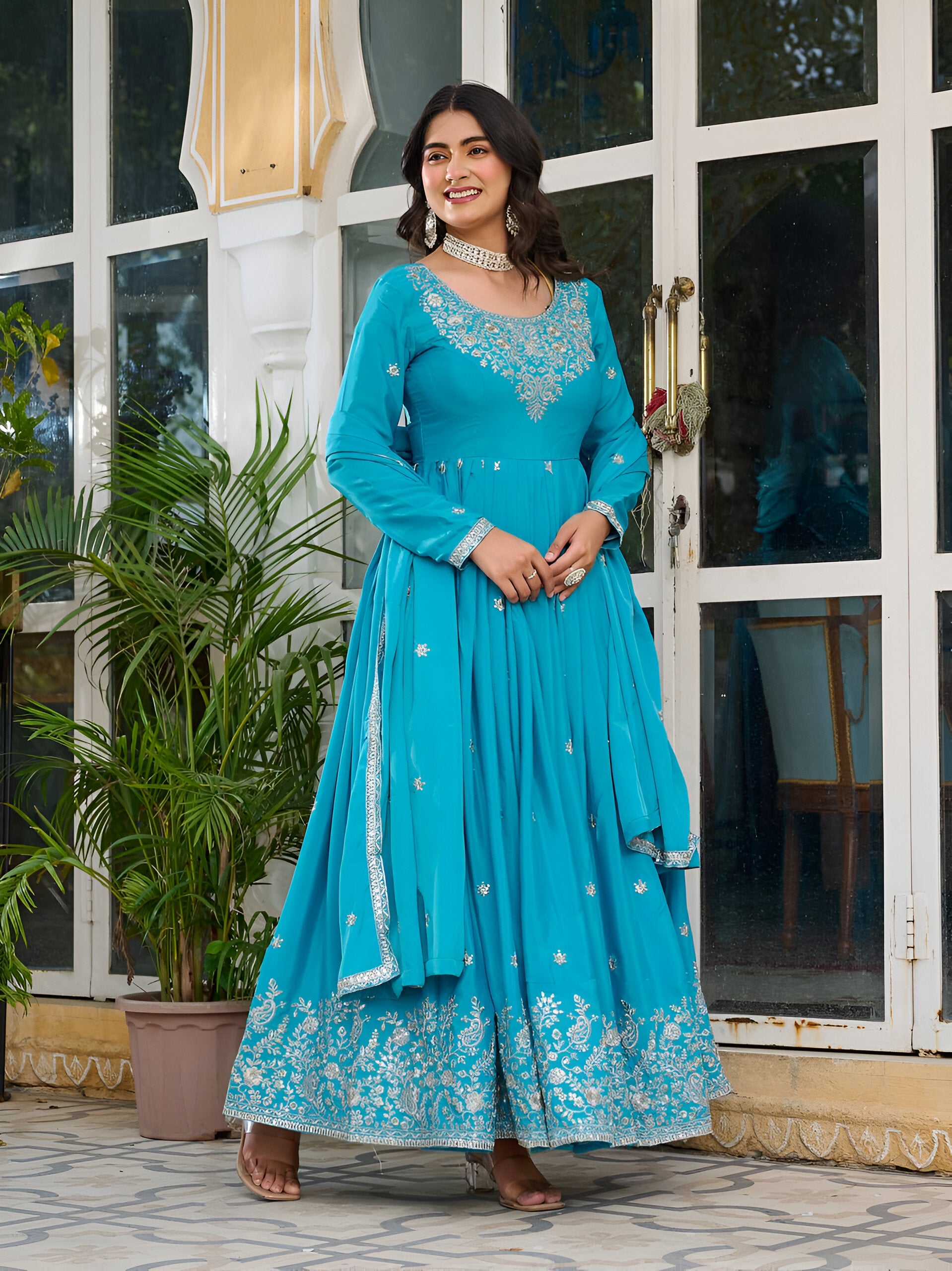 Lehenga Mart Wedding Wear Anarkali Gown With Dupatta - Sky Blue - Distacart
