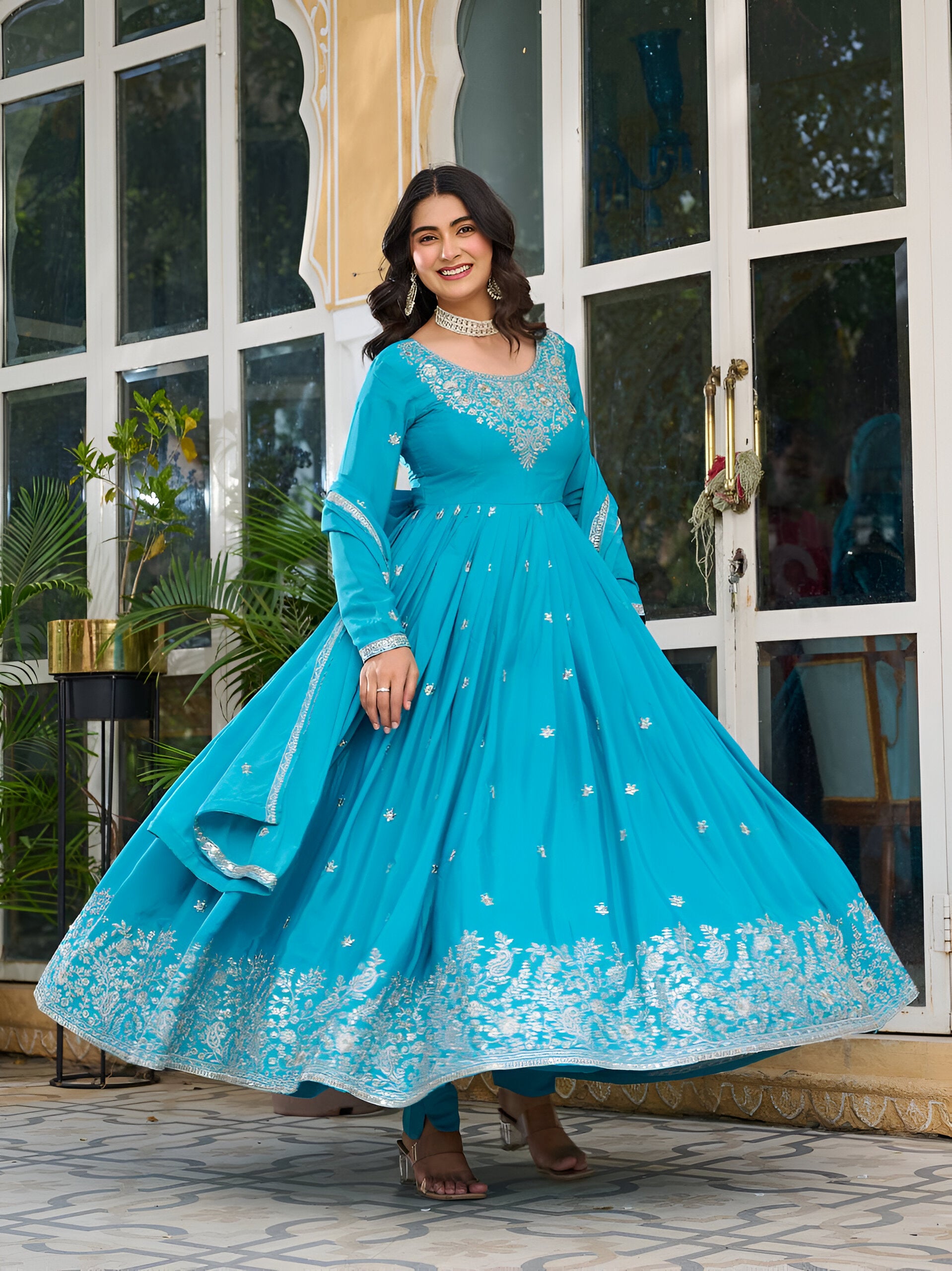Lehenga Mart Wedding Wear Anarkali Gown With Dupatta - Sky Blue - Distacart