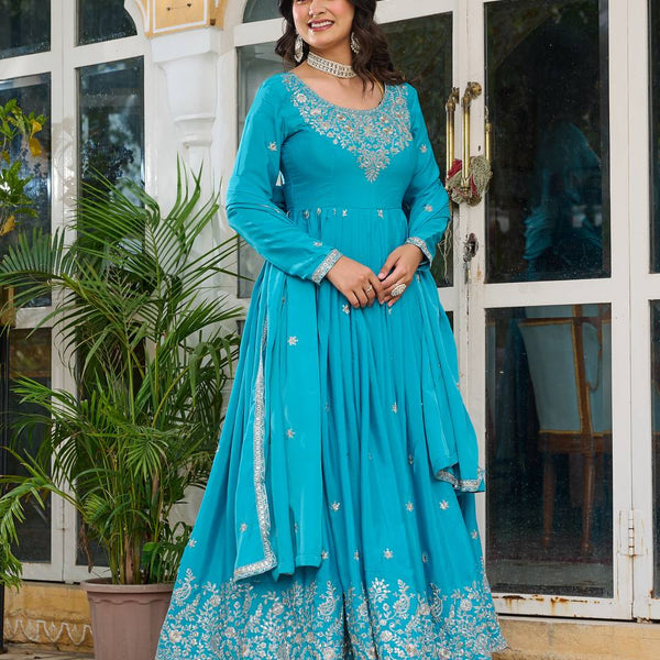 Prazu Fashion Sky Blue Silk Thread With Sequence Anarkali Suit