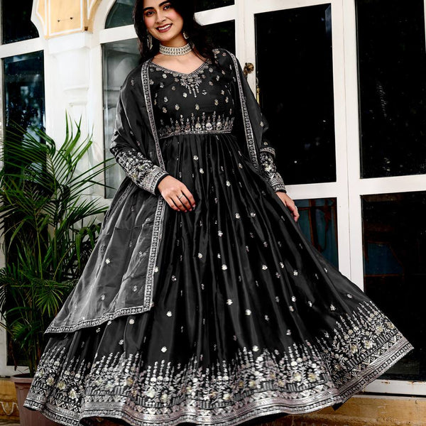 Lehenga Mart American Silk Gown With Dupatta-Black
