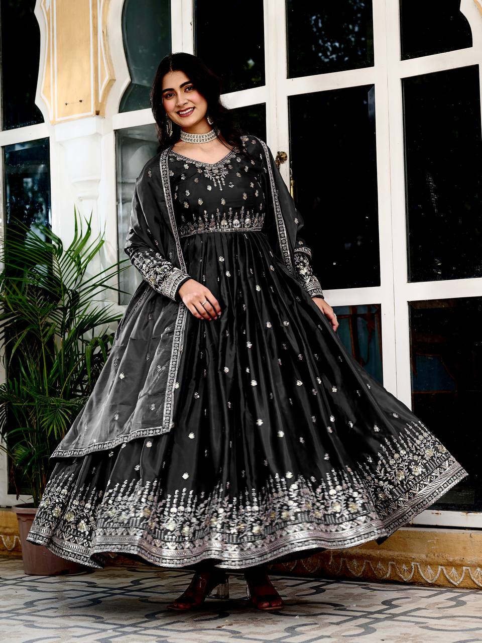 Lehenga Mart American Silk Gown With Dupatta-Black