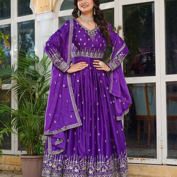 Lehenga Mart American Silk Gown With Dupatta-Blue