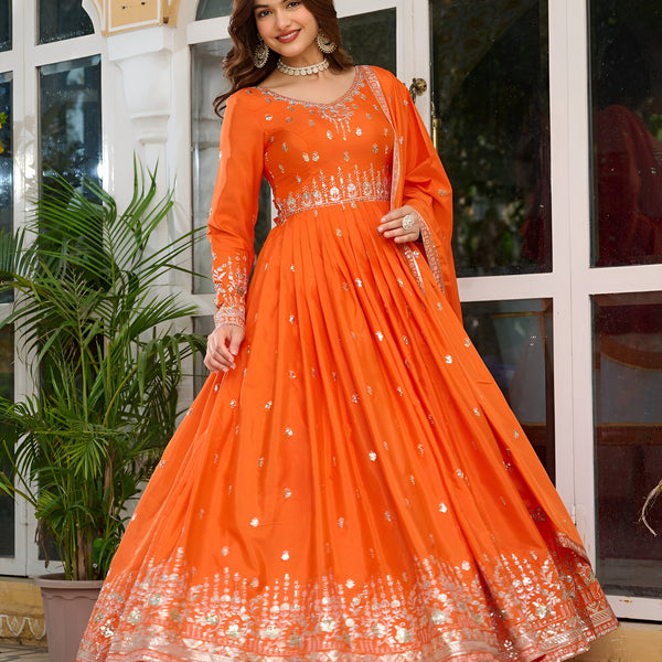 Lehenga Mart Wedding Wear Anarkali Gown With Dupatta Set - Orange - Distacart