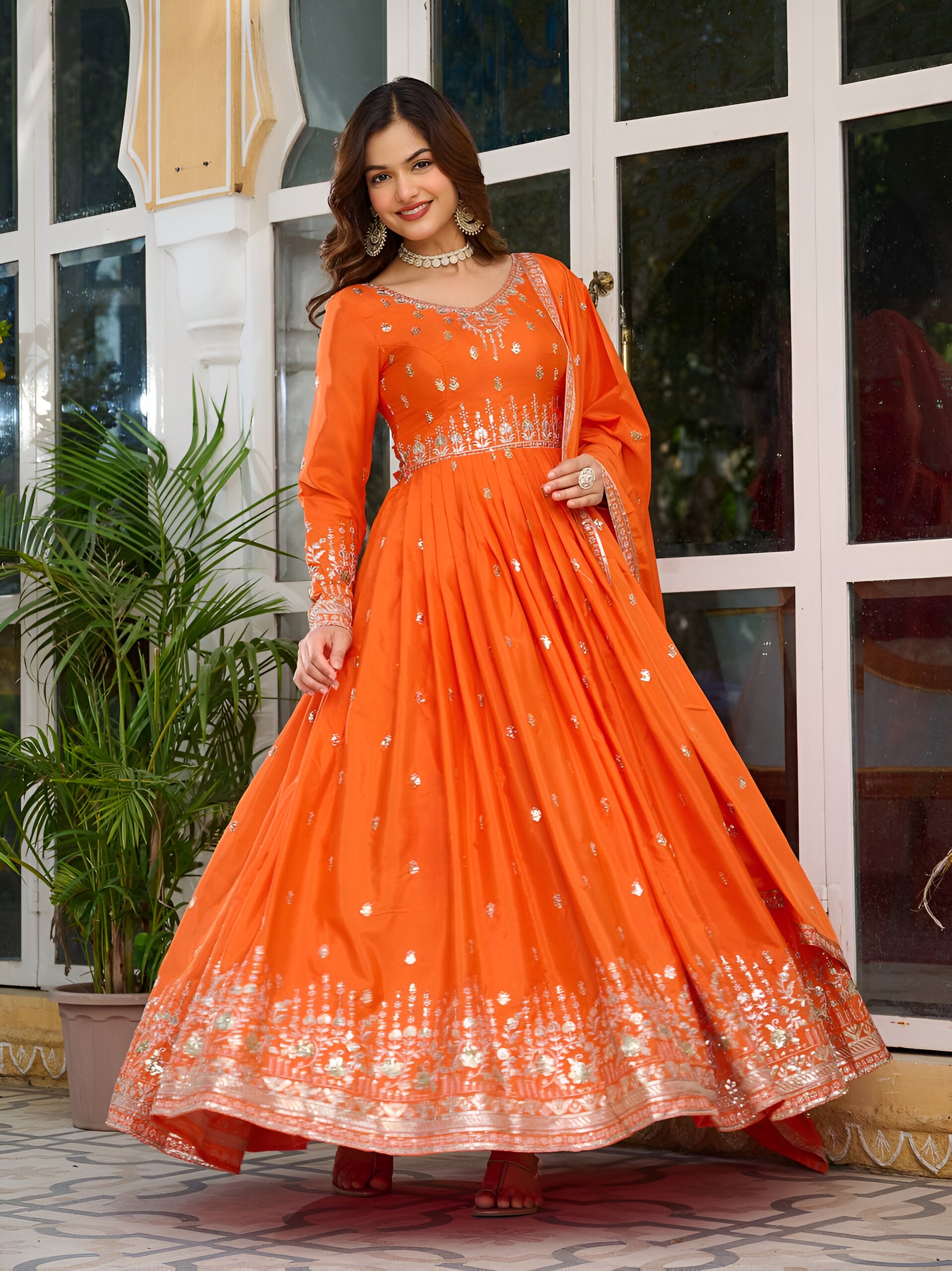 Lehenga Mart Wedding Wear Anarkali Gown With Dupatta Set - Orange - Distacart