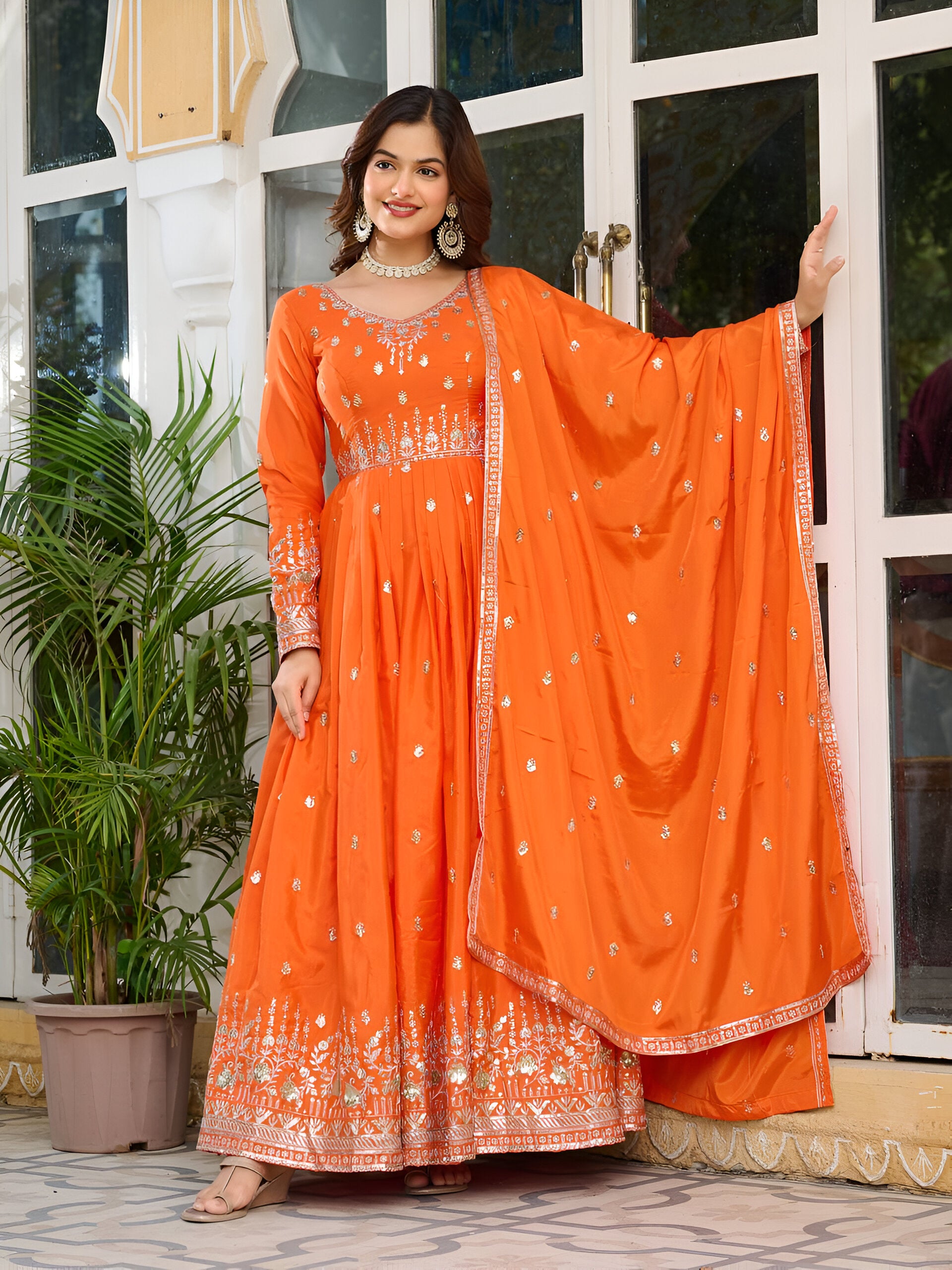 Lehenga Mart Wedding Wear Anarkali Gown With Dupatta Set - Orange - Distacart