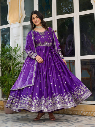 Lehenga Mart Wedding Wear Anarkali Gown With Dupatta Set - Purple - Distacart