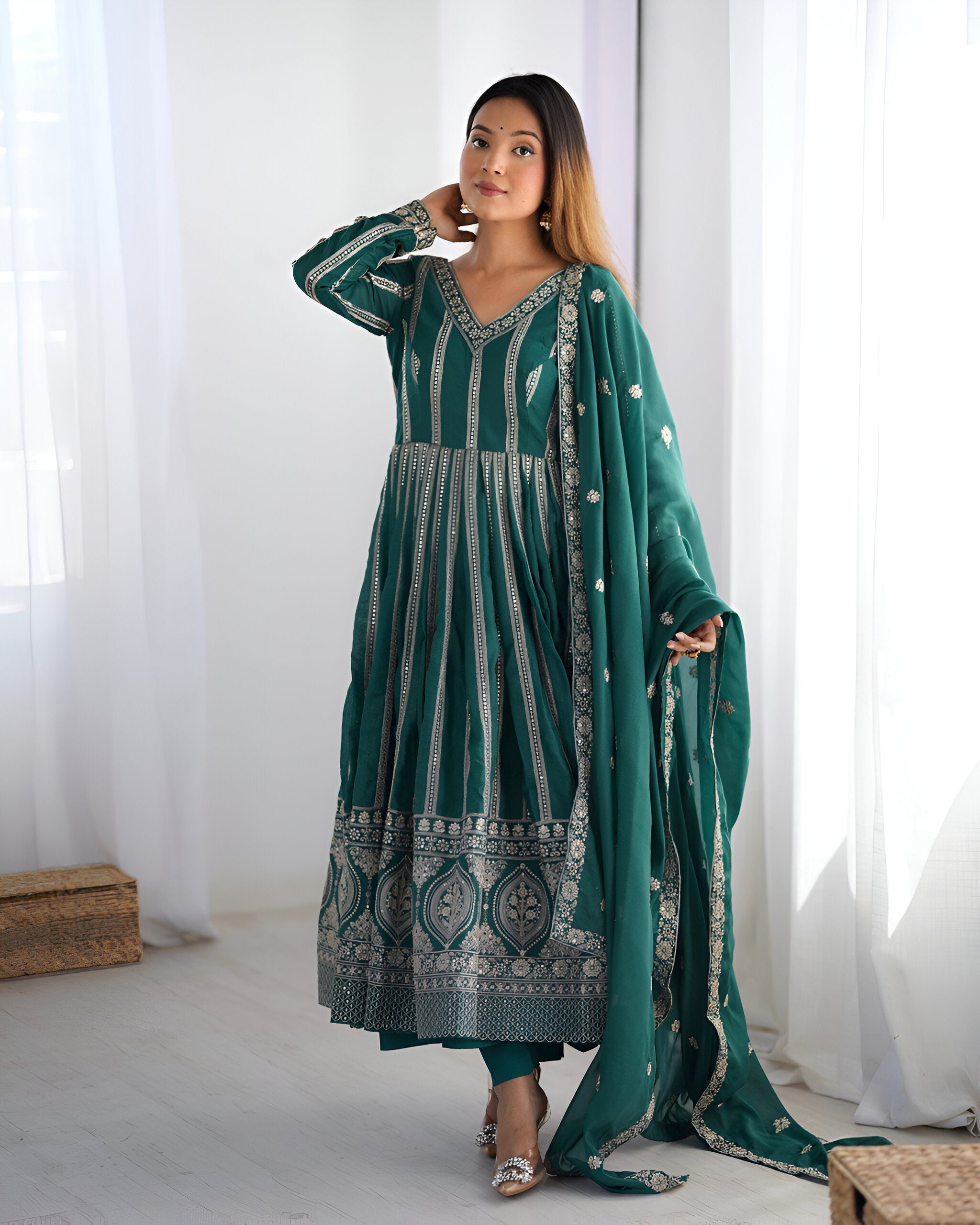 Lehenga Mart Wedding Wear Anarkali Gown With Dupatta Set - Green - Distacart