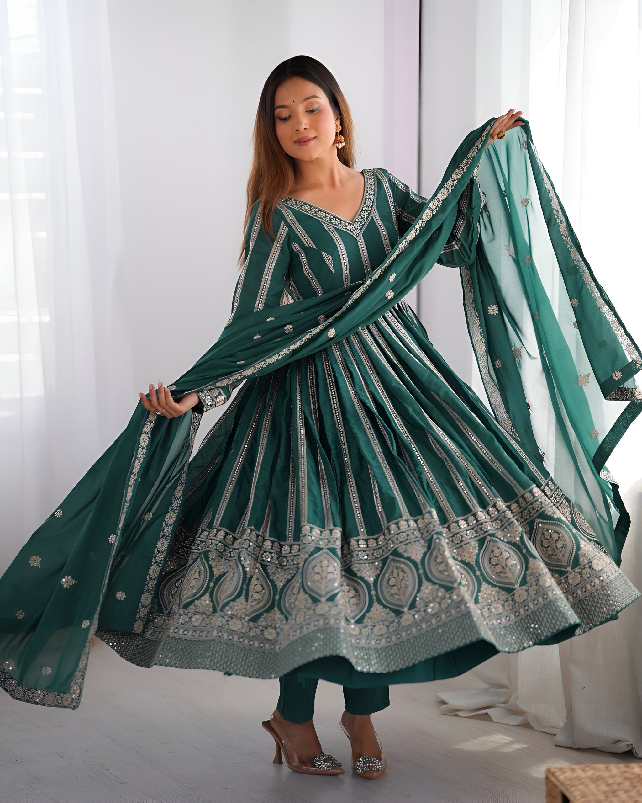 Lehenga Mart Wedding Wear Anarkali Gown With Dupatta Set - Green - Distacart