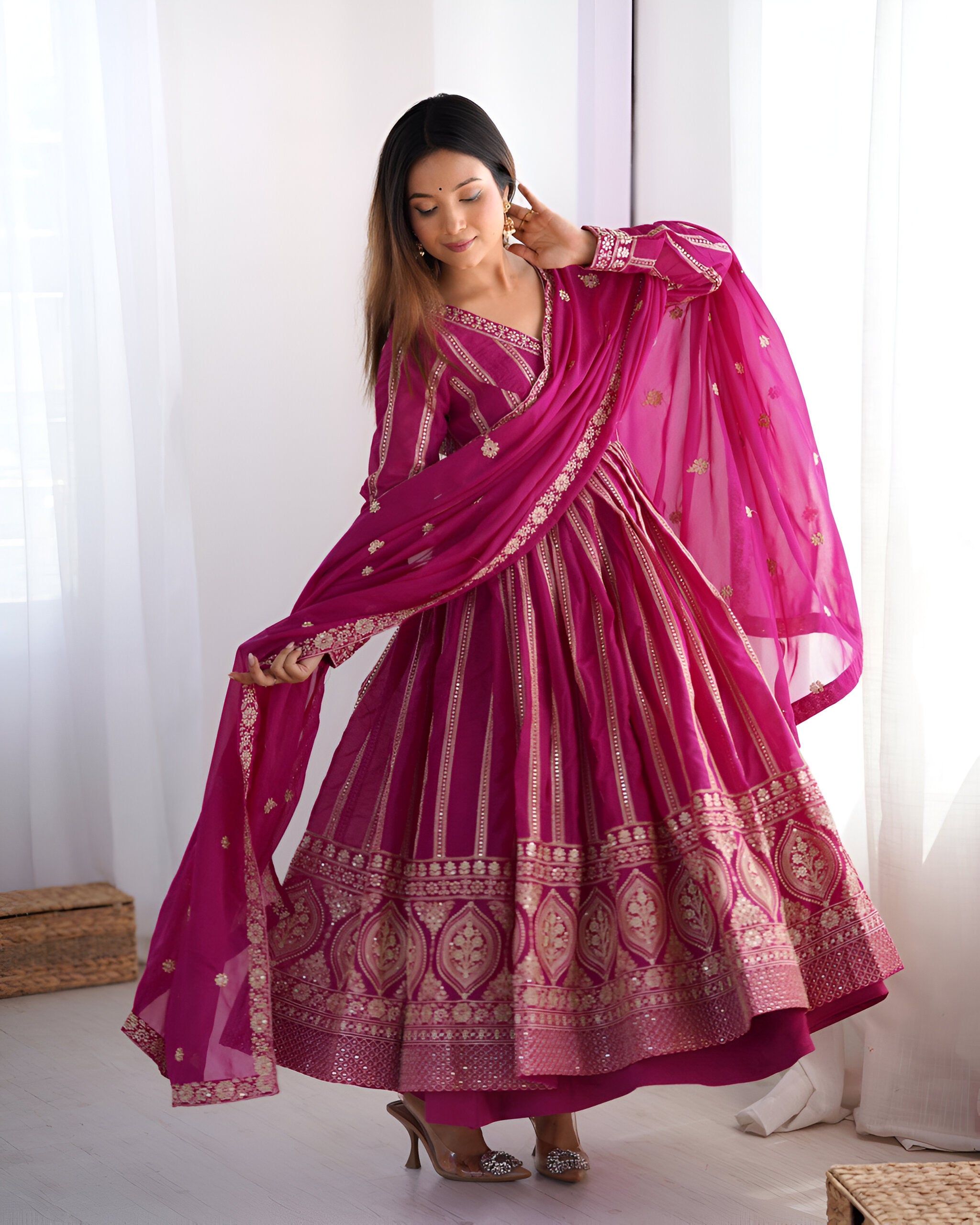 Lehenga Mart Wedding Wear Anarkali Gown With Dupatta Set - Pink - Distacart