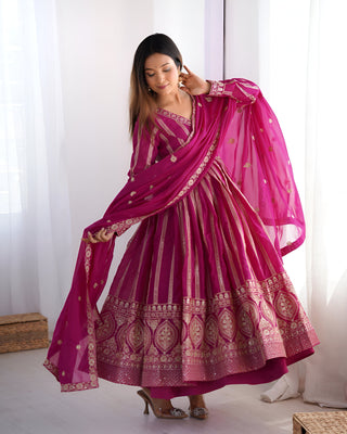 Lehenga Mart Wedding Wear Anarkali Gown With Dupatta Set - Pink - Distacart